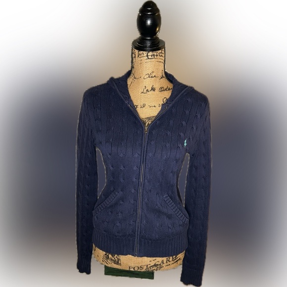 Ralph Lauren Navy Blue Preppy Cable Knit Zip Up Cotton Cardigan Hoodie Sweater M - Picture 2 of 8